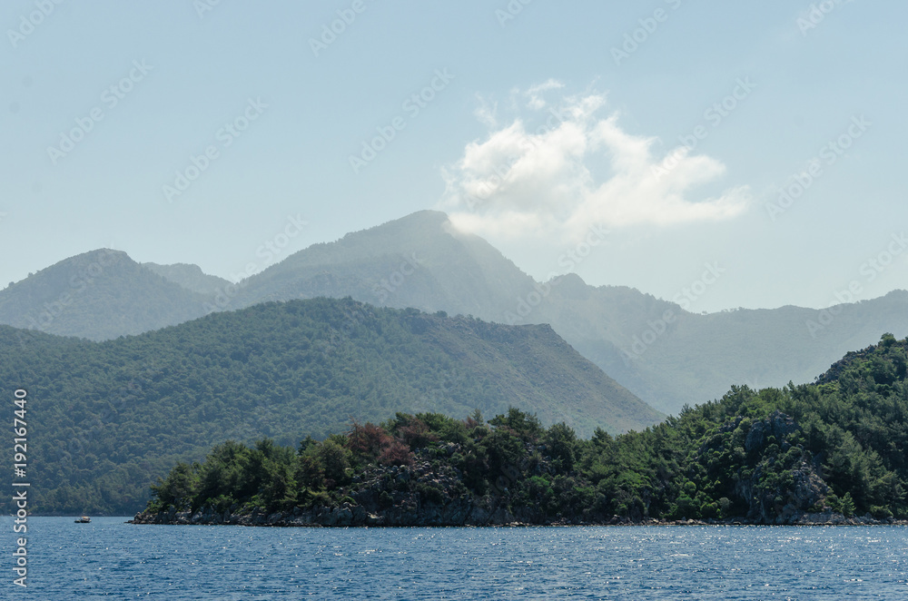 View island in Turkey Aegean Sea water  Rocky coast deserted near Marmaris Ichmeler summer holiday trip panorama landscape