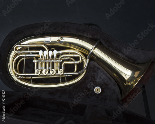 Obraz na plátně baritone brass instrument with valves in dark case