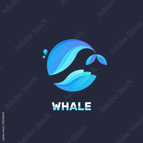 Gradient vector logo of fish on the hook. Logotype of whale in the sea. Fishing concept