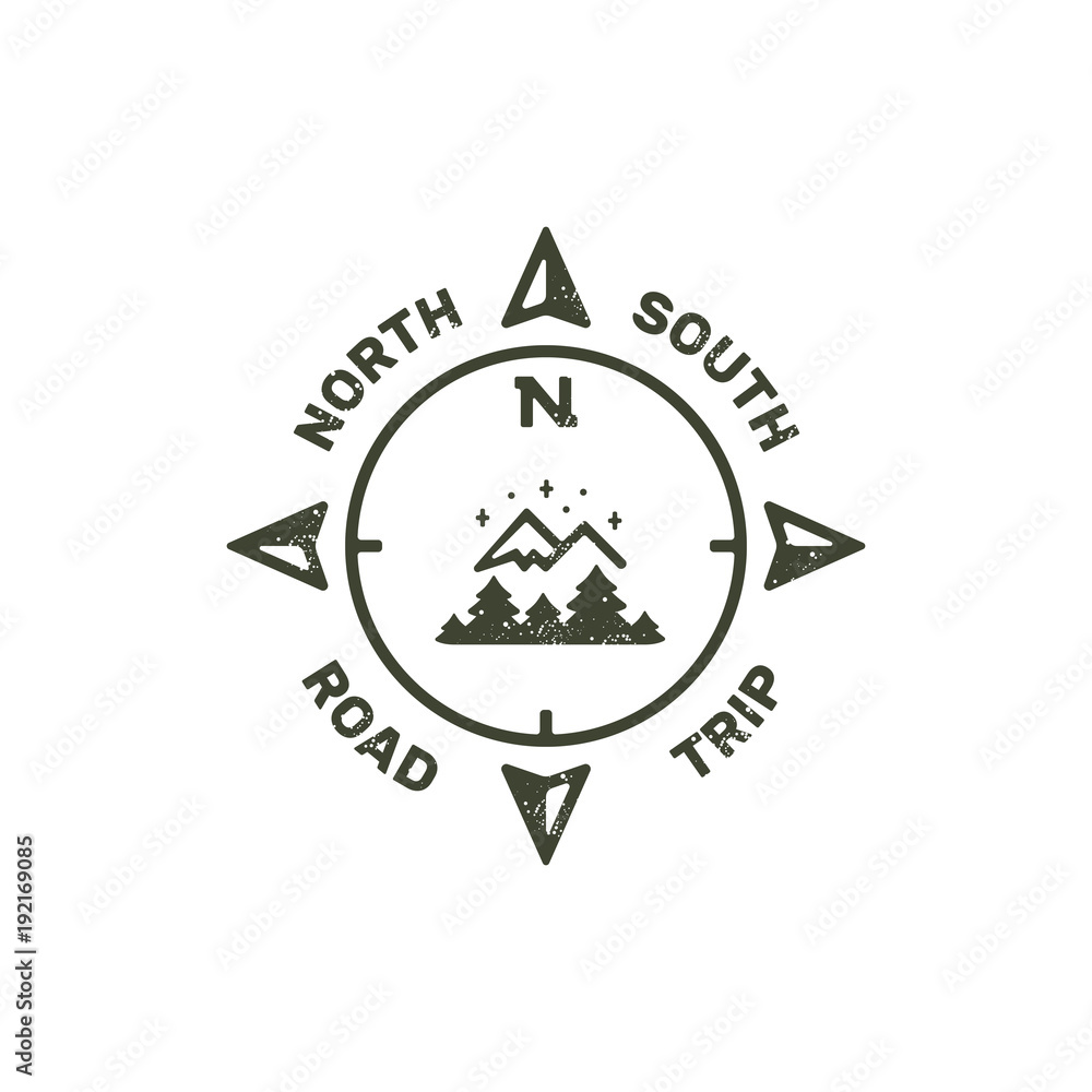 Retro stamp logo for travelers with mountains, forest and compass. Grunge textured logotype Retro stamp logo for travelers with mountains, forest and compass. Grunge textured logotype
