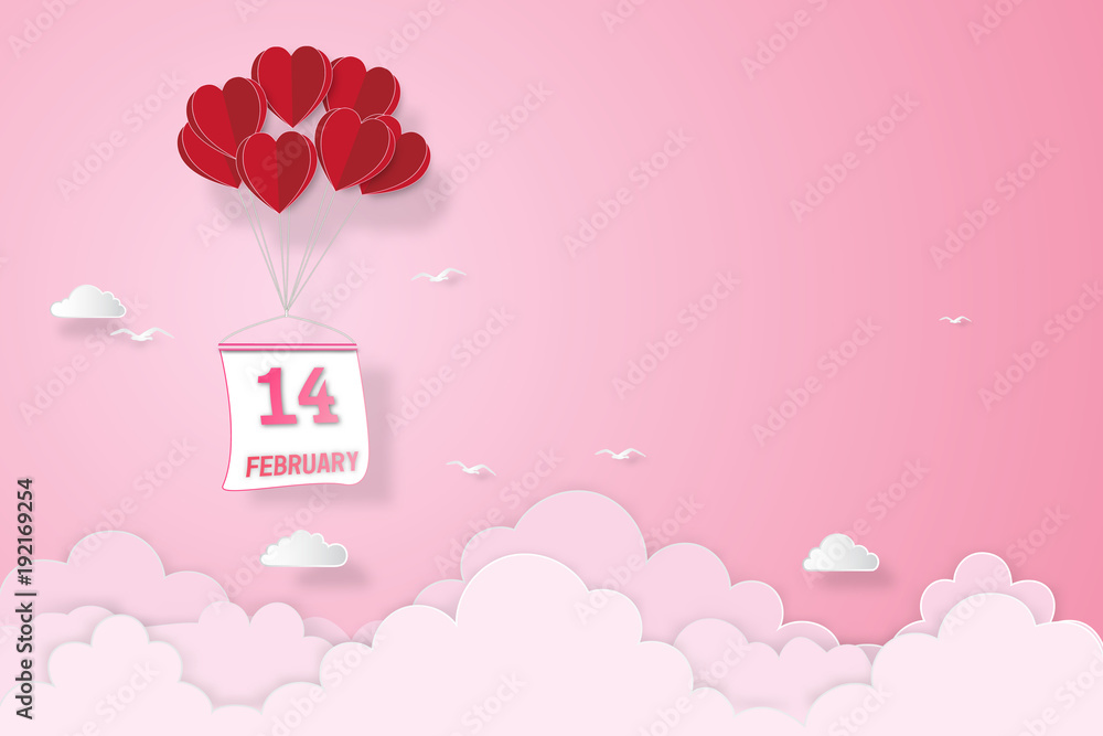 Red heart balloon with calendar of February 14 on pink sky as love, happy valentine's day, wedding, paper art and craft style concept. vector illustration.