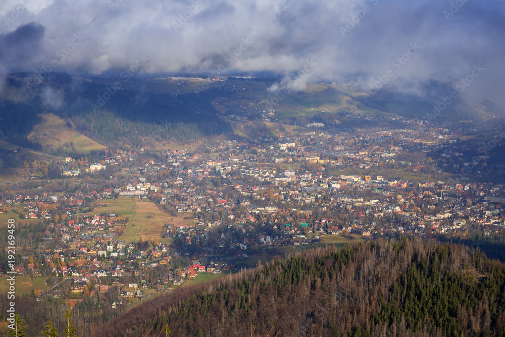 Aerial view of Zakopane town from the Sarnia Skala peak, Poland
