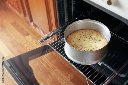 Homemade apple pie in opened oven. Fresh baked apple cake in alectric oven with opened door. photo