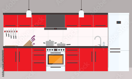 Cartoon red kitchen interior with fridge, oven and cooking appliances