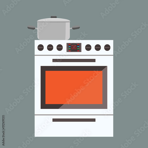 Illustration of stove gas oven with front view. Flat and solid color