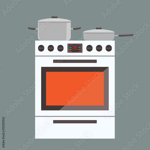 Illustration of stove gas oven with front view. Flat and solid color