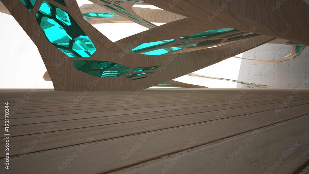 Fototapeta premium Abstract concrete and wood parametric interior with window. 3D illustration and rendering.