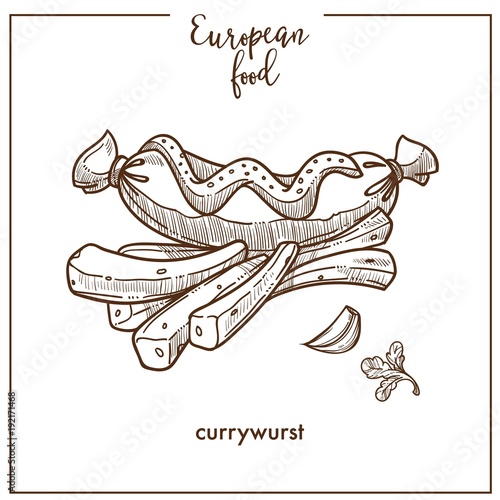 Currywurst sausage and fries sketch icon for European German food cuisine fast food menu design