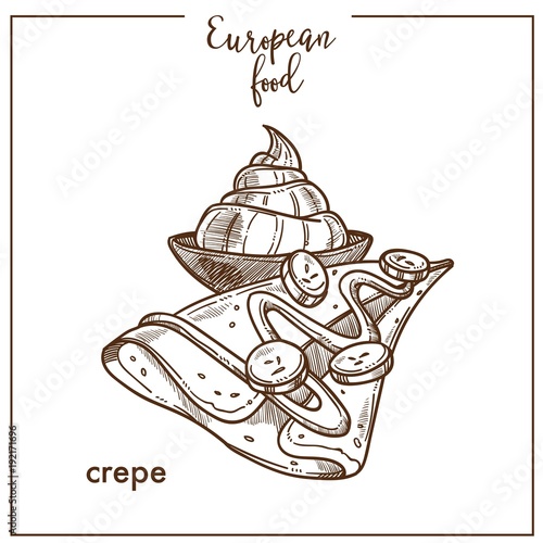 Crepe pancake sketch icon for European French food cuisine cafe dessert menu design