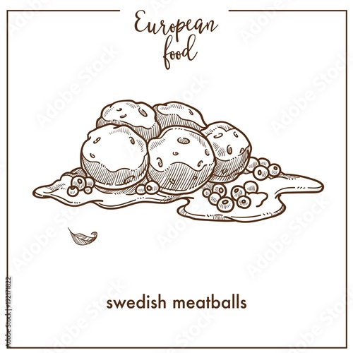 Swedish meatballs sketch icon for European food cuisine menu design