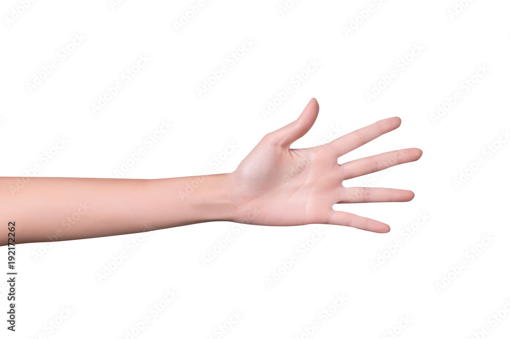 Woman hand showing five count isolated on white background