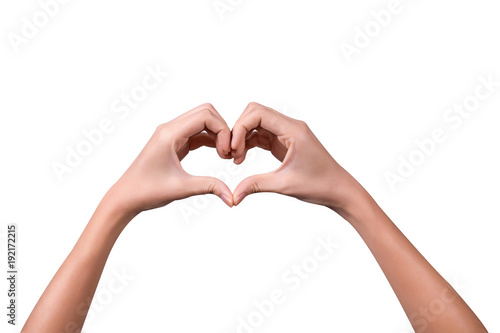 Hand love. Female hands shaping a heart symbol on white background