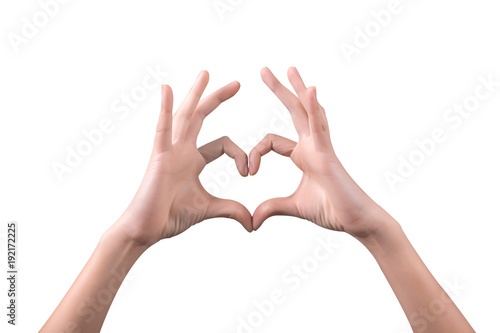 Hand love. Female hands shaping a heart symbol on white background