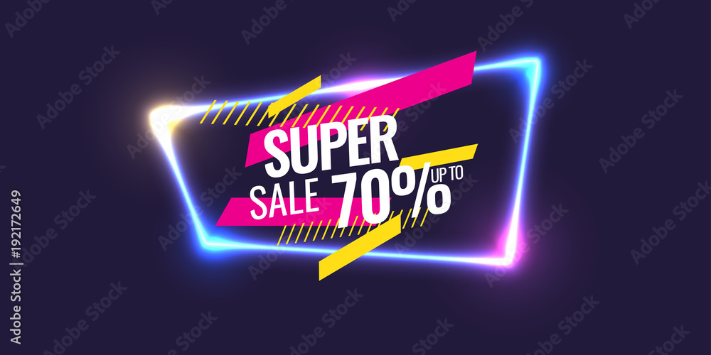 Best sale banner. Original poster for discount. Geometric shapes and neon glow against a dark background. - obrazy, fototapety, plakaty 