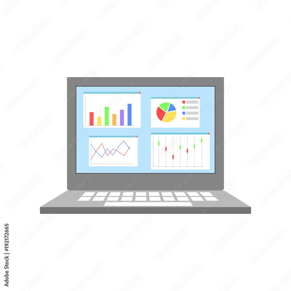 Vector infographic design template. Diagrams, graphs and bar charts on screen of laptop. Isolated on white background. Vector infographic design template. Diagrams, graphs and bar charts on screen of laptop. Isolated on white background.