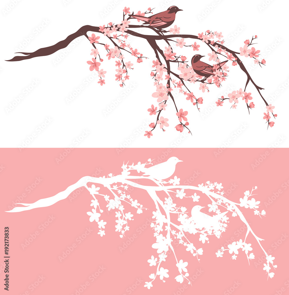 birds sitting on blooming sakura tree branches - outline and silhouette vector design set