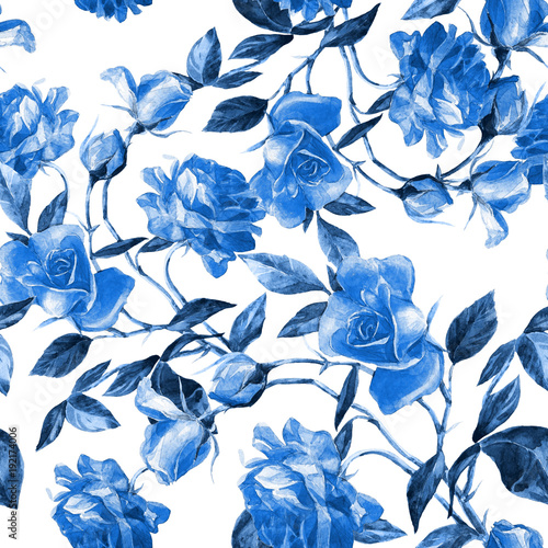 Seamless pattern of roses painted in watercolor.