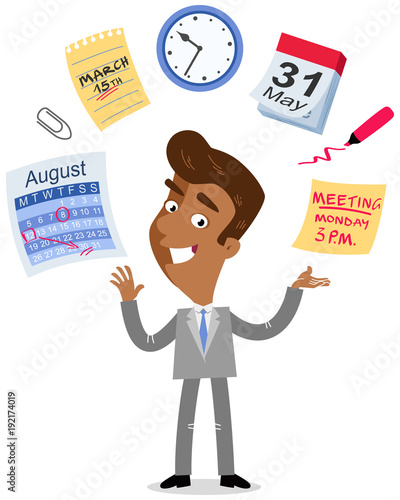 Vector illustration of an asian cartoon businessman juggling, time management icons, calendar, schedule, meeting deadlines isolated on white background