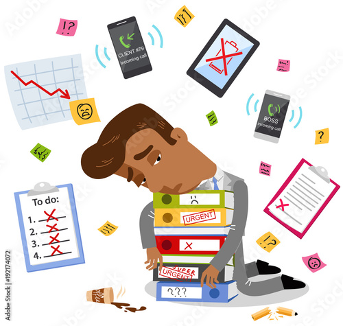 Vector illustration of an overwhelmed asian cartoon businessman breaking down on stack of binders isolated on white background