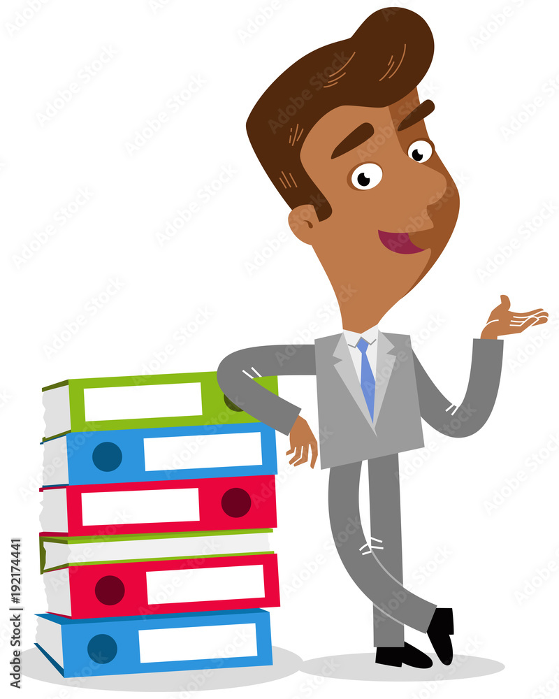 Vector illustration of an asian cartoon businessman leaning against a ...