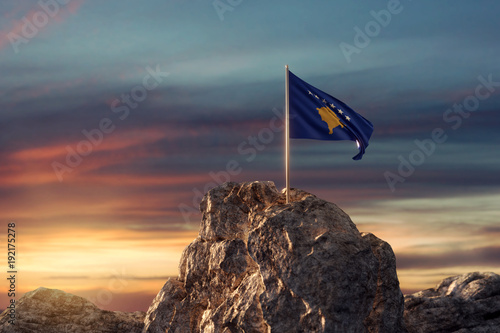 Canvas Print 3d rendering of waving Kosovo flag on rocky landscape to celebrate the independe