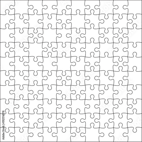 Jigsaw puzzle blank template or cutting guidelines of 100 pieces. Plain white jigsaw puzzle, on white background. Vector  illustration.