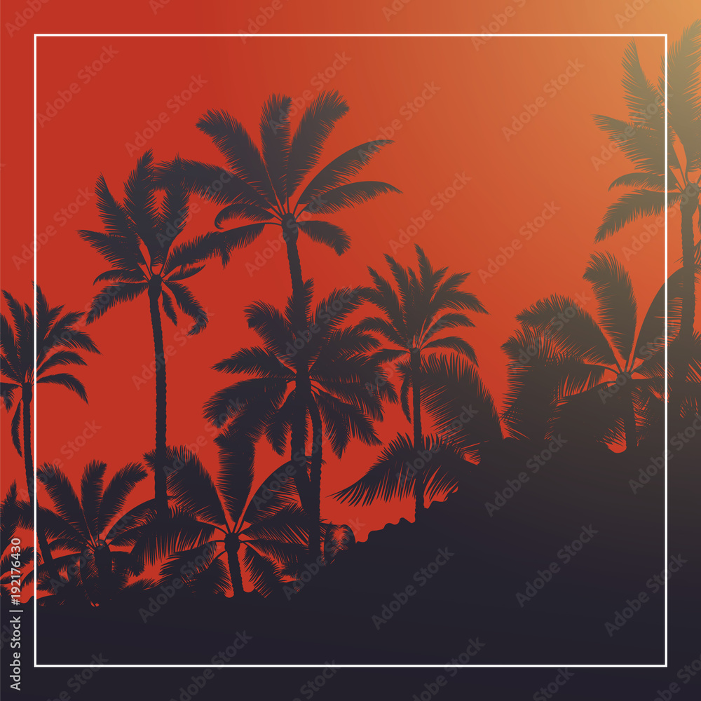 Tropical palm with blood moon sunrise and blue sky