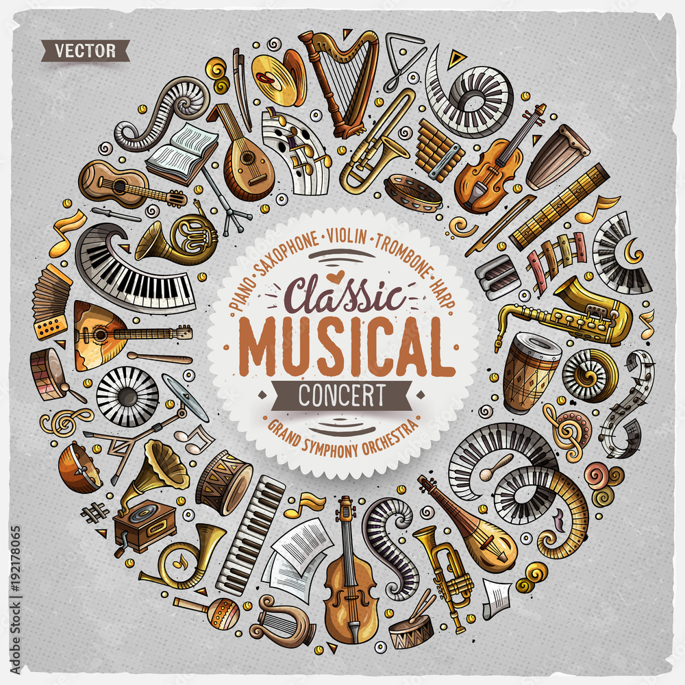 Fototapeta premium Set of vector cartoon doodle classic musical instruments and objects collected in a circle border