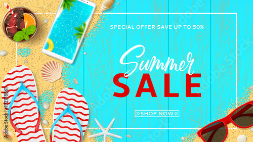 Summer sale promo web banner. Top view on red sun glasses, seashells, cocktail, smartphone, flip flops and sea sand on wooden texture. Vector illustration with special discount offer.