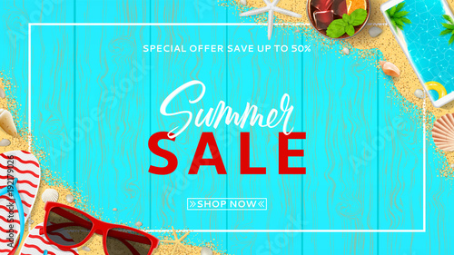 Summer sale promo web banner. Top view on red sun glasses, seashells, cocktail, smartphone, flip flops and sea sand on wooden texture. Vector illustration with special discount offer.