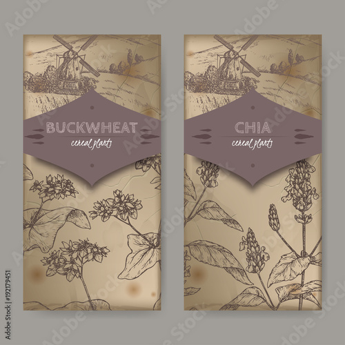 Two labels with Fagopyrum esculentum aka buckwheat and Salvia hispanica aka chia sketch. Cereal plants collection.