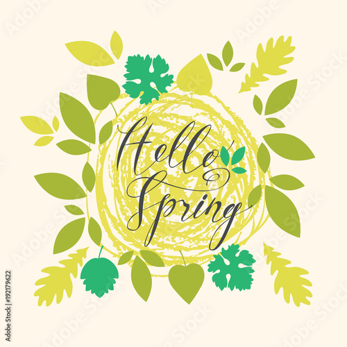 Black vector handwritten inscription Hello spring with different green leaves on a background of lime green scribbles. Can be used for flyers, banners or posters
