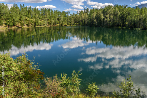lake clouds forest reflections summer