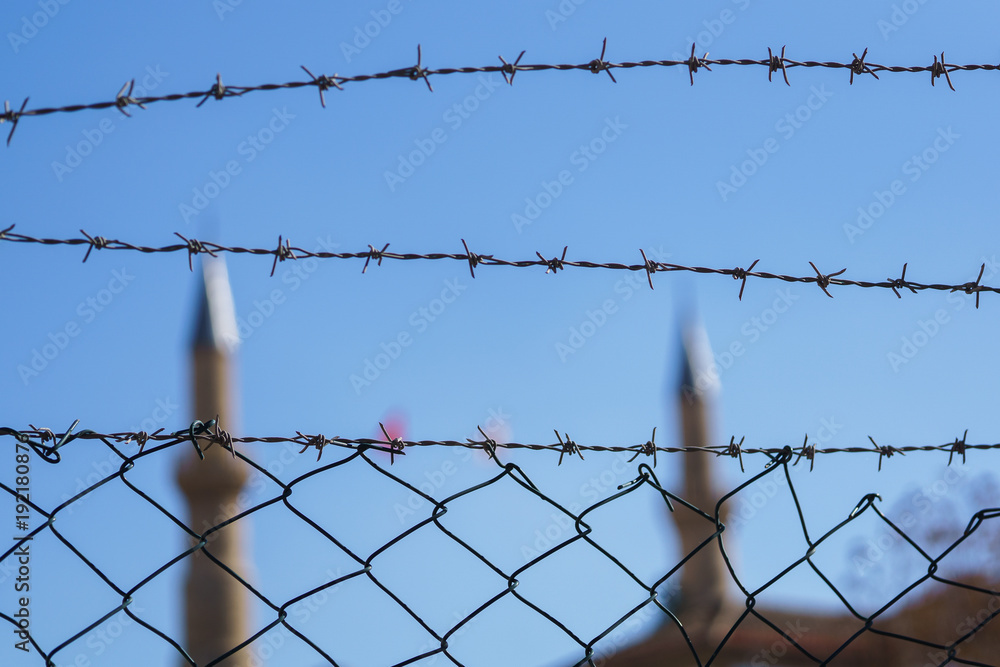 Image of barbed wire on blurred background in afternoon Image of barbed wire on blurred background in afternoon