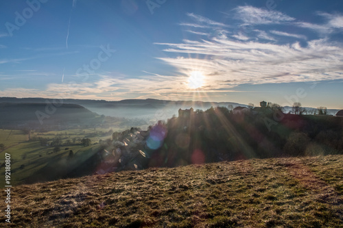 HDR shot of Belvoir castle in France. Landscape of small mountains, fields and forest photo