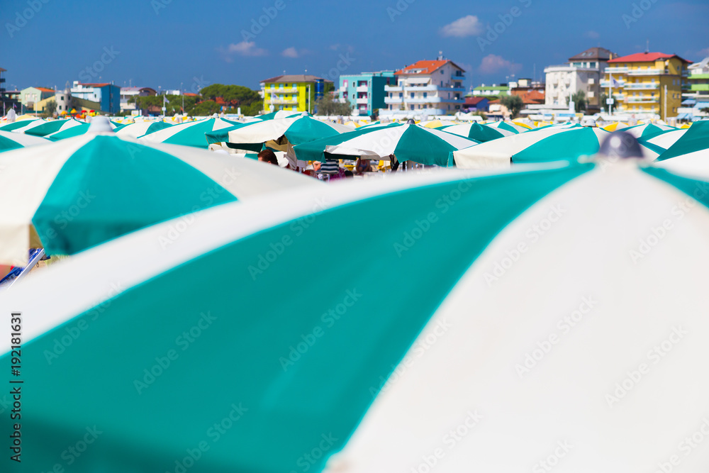 Italian beach with umbrellas and hotels