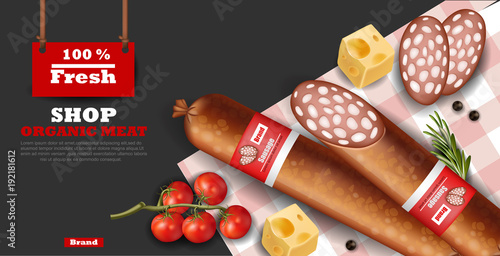 Salami sausage Vector realistic mock up. Fresh meat Product packaging advertises