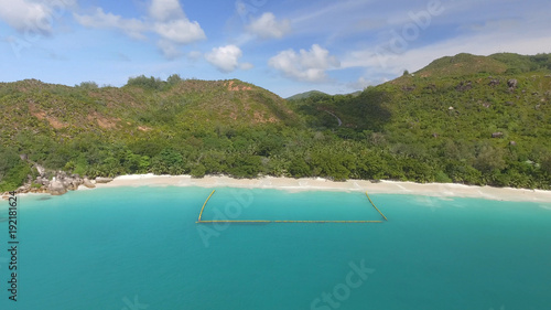Aerial view of Seychelles coastline from drone