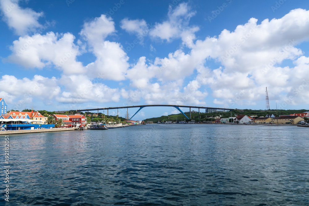 Queen Julia bridge from the pedestrian floating bridge in front of it. Willemstad, Curacao.
