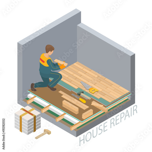 Isometric interior repairs concept. Repairer is laying parquet