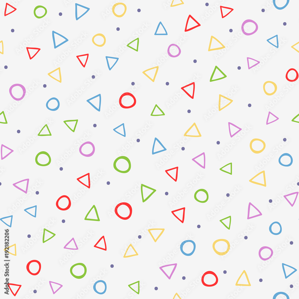 Colorful seamless pattern with geometric shapes. Drawn by hand.