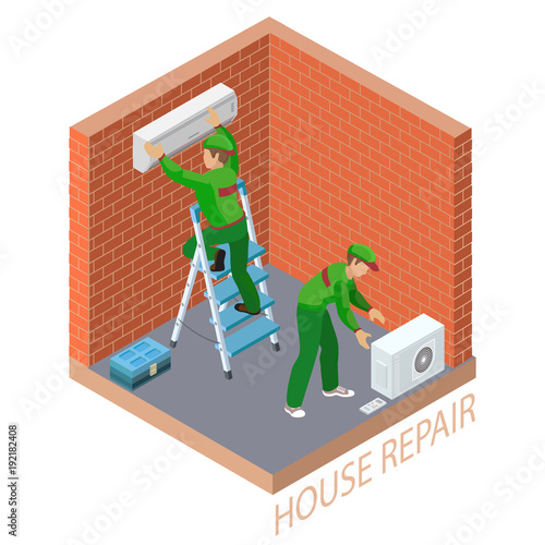 Isometric interior repairs concept. System of air conditioning.