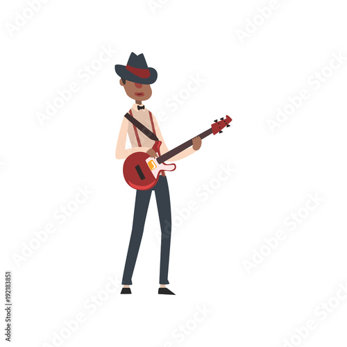 African American jazz musician in black hat playing guitar vector Illustration
