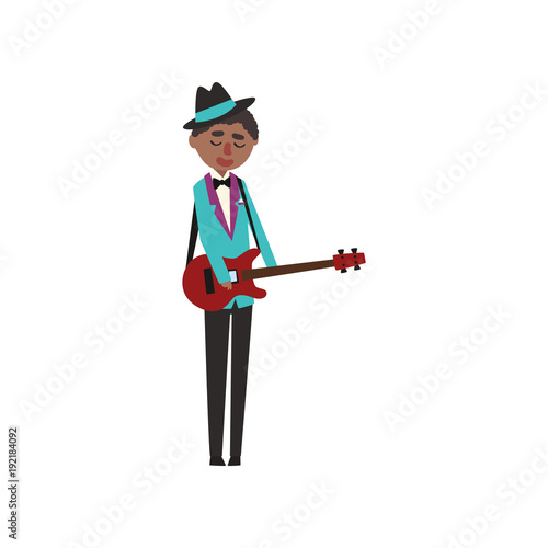 African American jazz musician wearing retro elegant suit playing guitar vector Illustration