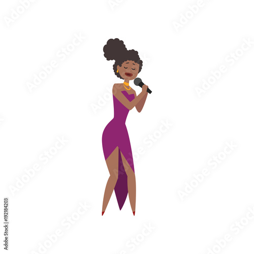 African American jazz singer, beautiful woman in purple dress singing into microphone vector Illustration