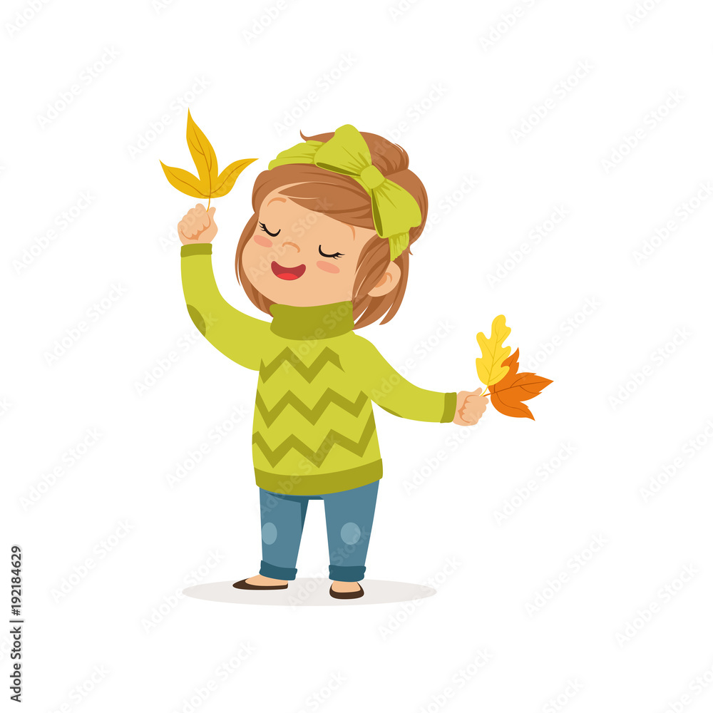 Sweet little girl in in a green sweater holding colorful maple leaves, cute kid enjoying fall, autumn kids activity vector Illustration Sweet little girl in in a green sweater holding colorful maple leaves, cute kid enjoying fall, autumn kids activity vector Illustration