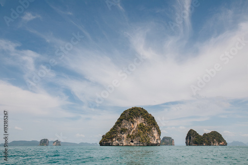 beautiful scenic landscape with cliffs in calm ocean at Krabi, Thailand