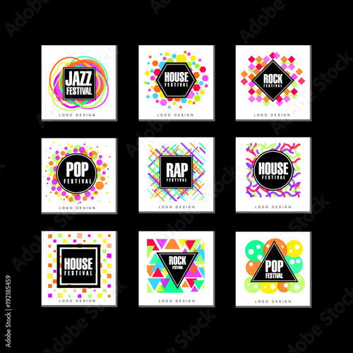 Music Festival logo set, classic, house, pop, rap, jazz music design element vector Illustrations