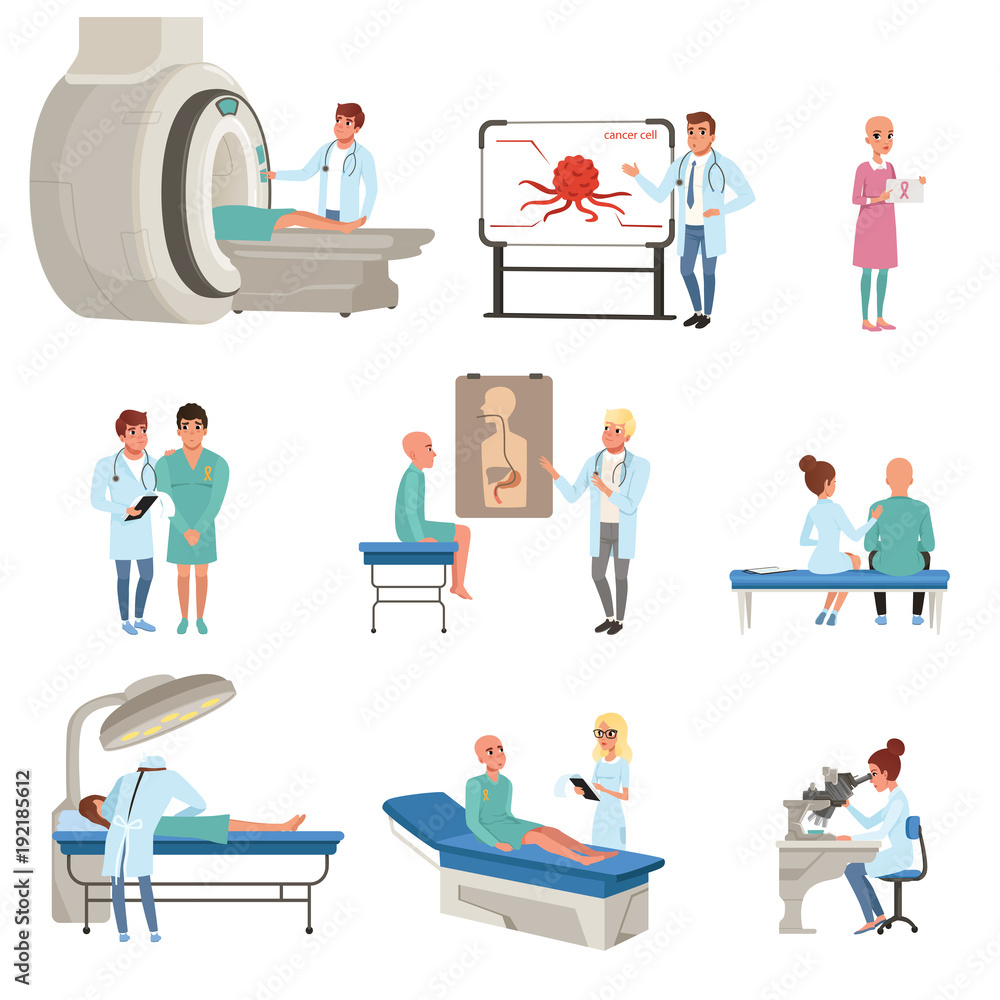 Medical diagnostic and treatment of cancer set, doctors, patients and equipment for oncology medicine vector Illustrations Medical diagnostic and treatment of cancer set, doctors, patients and equipment for oncology medicine vector Illustrations