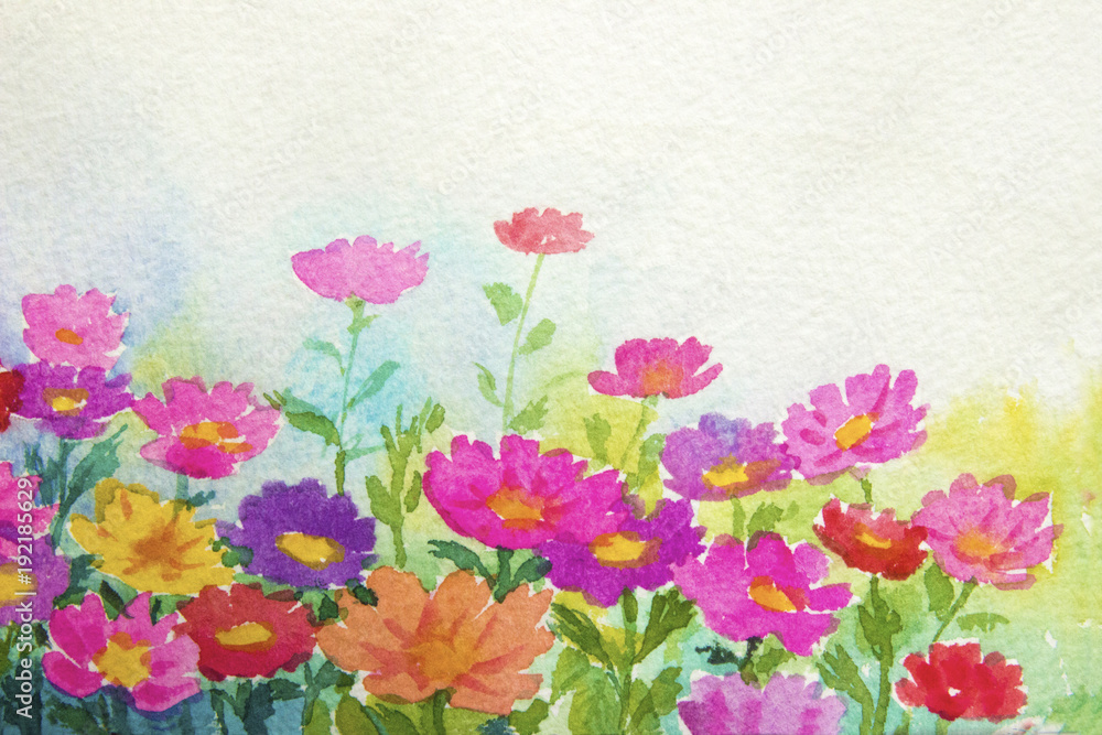 Painting watercolor landscape original colorful of daisy flowers